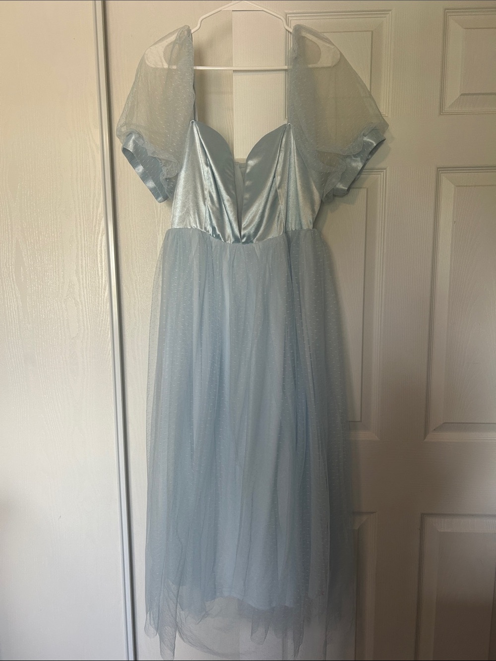 SHEIN Light Blue Satin & Tulle Puff Sleeve Slip Dress